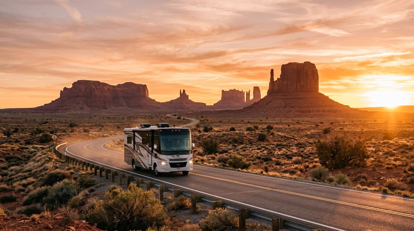 Open road through Monument Valley at golden hour